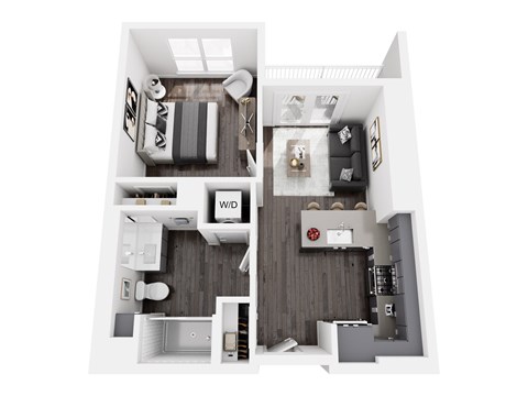Floor plan for 1 bed, 1 bath, 563 sqft
